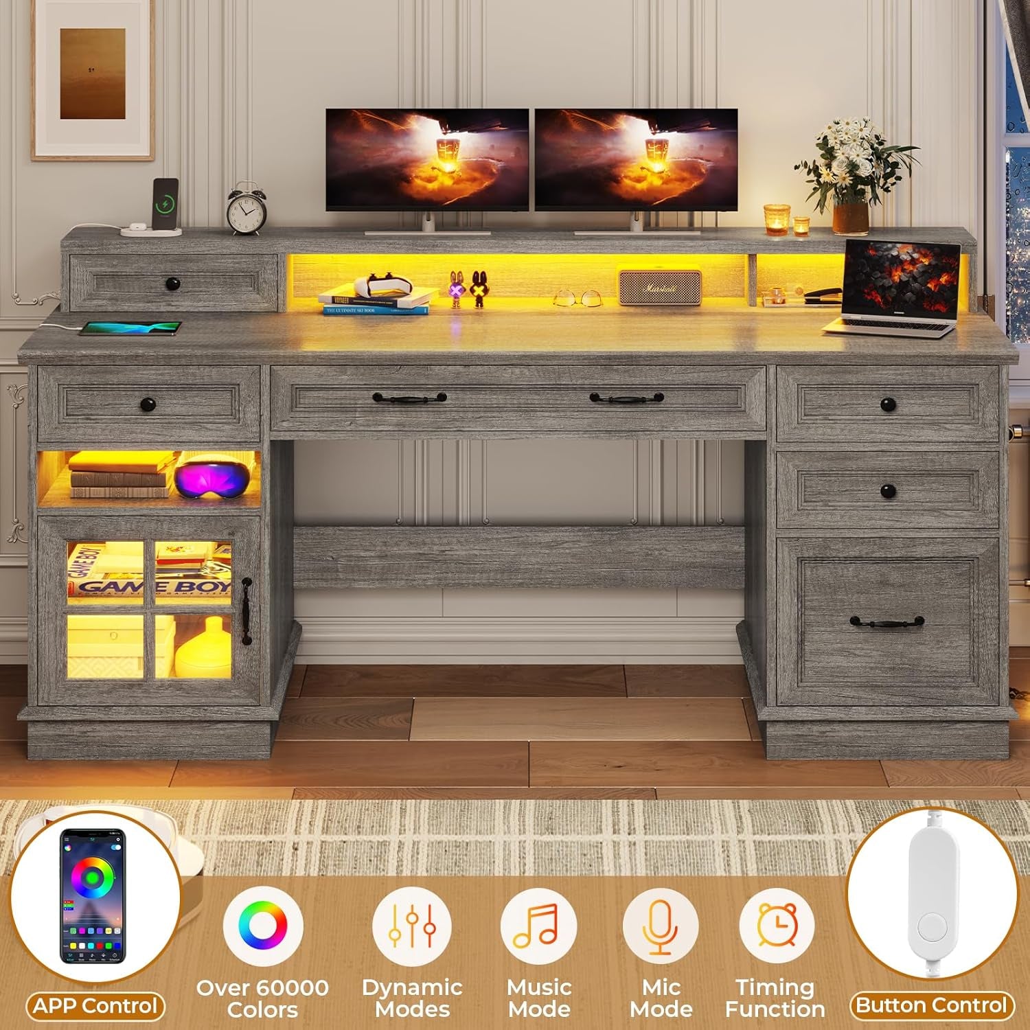 Farmhouse Executive Desk with File Drawer, Computer Desk with Charging Station & LED Lights, Home Office Desk with Drawers & Storage Cabinet, Executive Office Desk with Monitor Stand, Grey