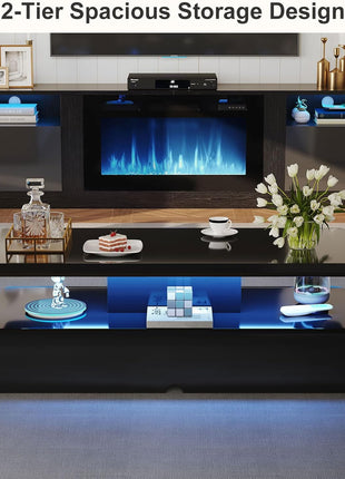 Contemporary 40-Inch LED-Illuminated Rectangular Coffee Table with Dual Tiers and Ample Storage, High Gloss Wooden Finish, Ideal for Living Room, Bedroom, and Office, Black