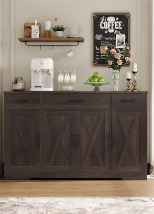 55" Modern Farmhouse Buffet Cabinet with Drawers and Shelves, Dark Brown Wood Sideboard Storage for Kitchen and Dining Room