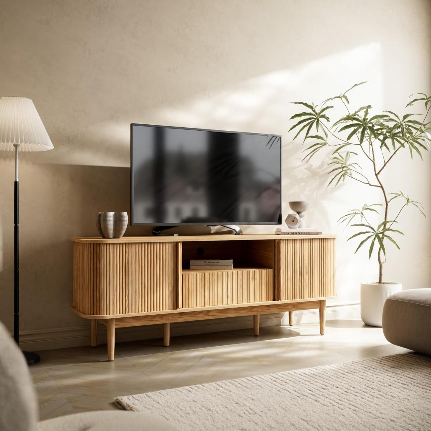 Modern TV Stand for 45/55/70 Inch TV, Entertainment Center with Sliding Doors and Storage, Wood TV Stand for Bedroom, Living Room, Natural