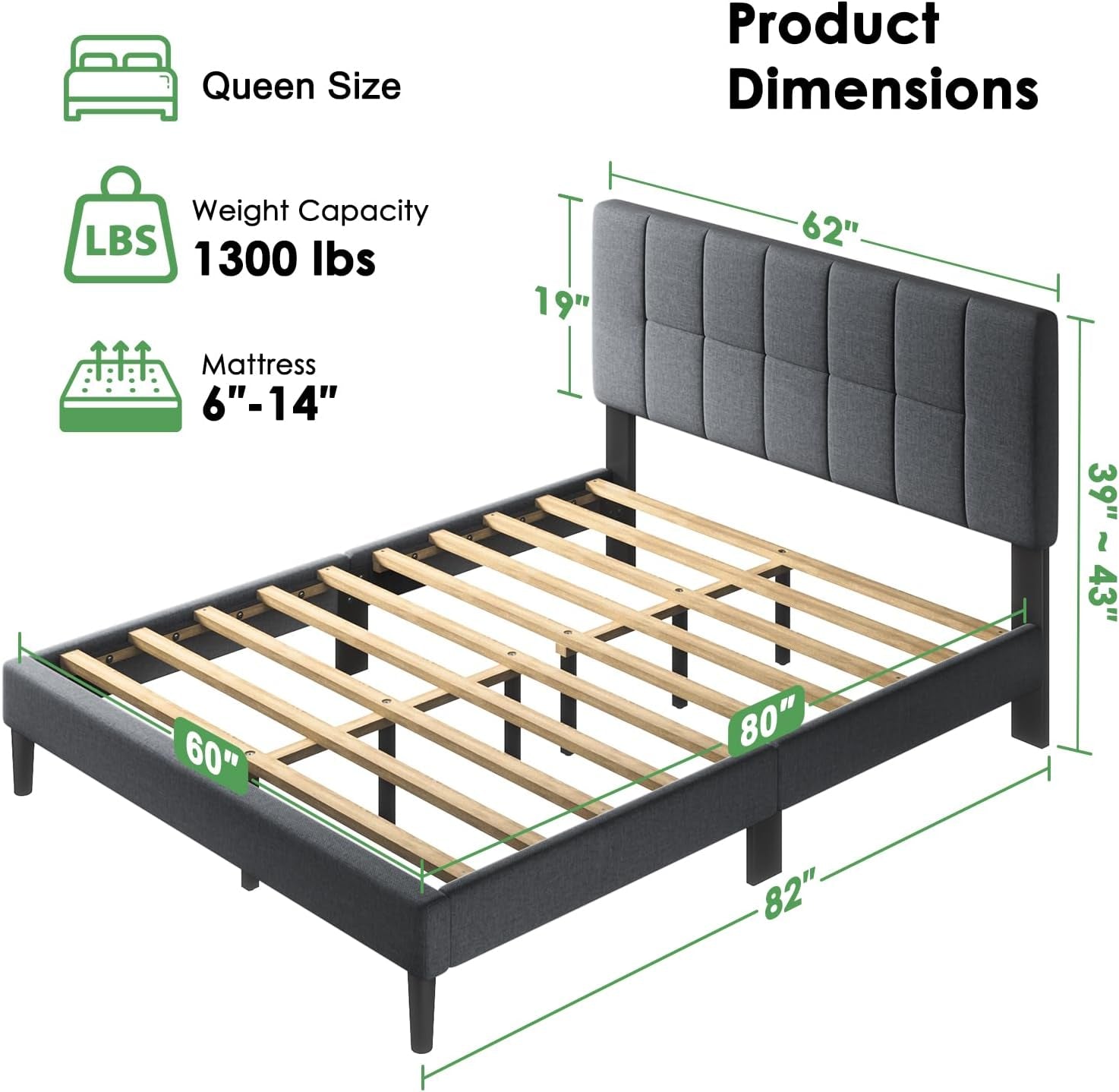 Queen Size Bed Frame, Sturdy and Durable with 12 Support Legs, 1300 Lbs Capacity, Solid Wooden Upholstered Adjustable Headboard for 6"-12" Mattresses, Easy Assembly, Ideal Height, Dark Gray