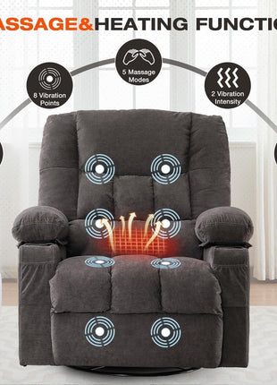 8-Point Massage Recliner Chair with Heated Rocking Feature for Adults, Oversized Recliner with Side Pocket and Two Cup Holders for Living Room Use