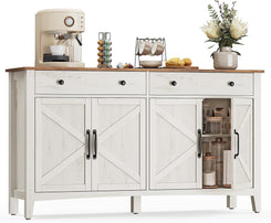 LIRY Collection - Buffet Cabinet, Coffee Bar Cabinet with 2 Drawers, Adjustable Shelves, Sideboard Storage with Cable Holes, Drawer Dividers, Rustic White and Honey Brown UBBK381W01