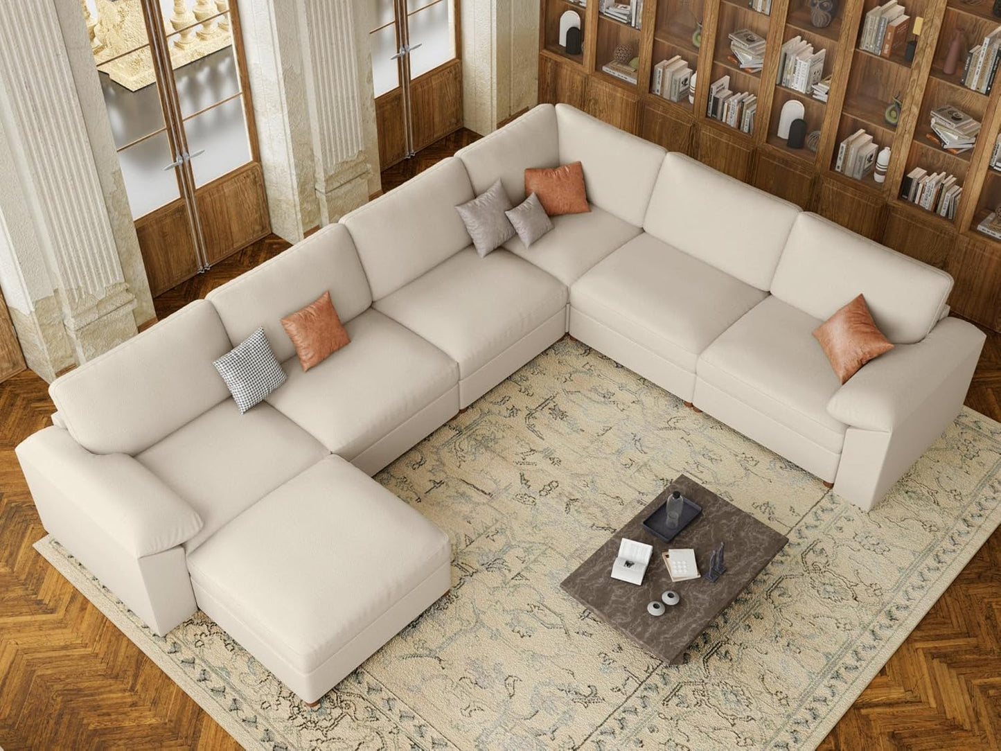 Faux Leather Sectional with Ottoman, Oversized Modular Couch, Modular Sectional Sofa with Deep Seat, Scratch Resistant Faux Leather Material, U Shaped Couch for Big Spaces, Beige