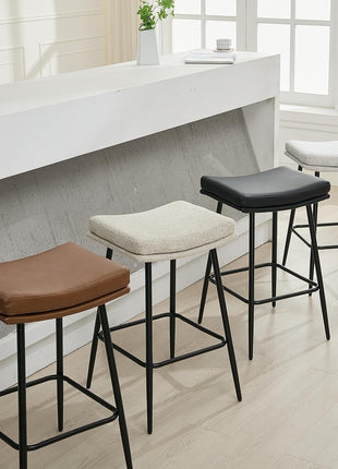 Set of 3 Contemporary 26-Inch Black Leather Backless Saddle Bar Stools with Dual-Layer Cushion and Metal Legs for Kitchen Counter and Dining Room