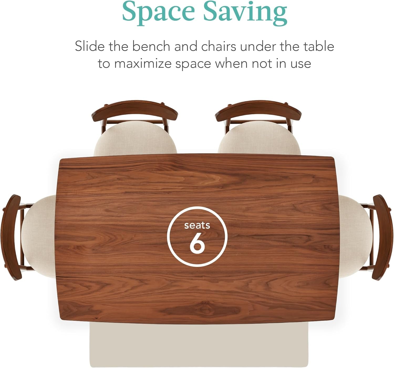 6-Piece Wooden Dining Set, Mid-Century Modern Table & Upholstered Chair Set W/Bench Seat, Rubberwood Legs - Walnut/Cream