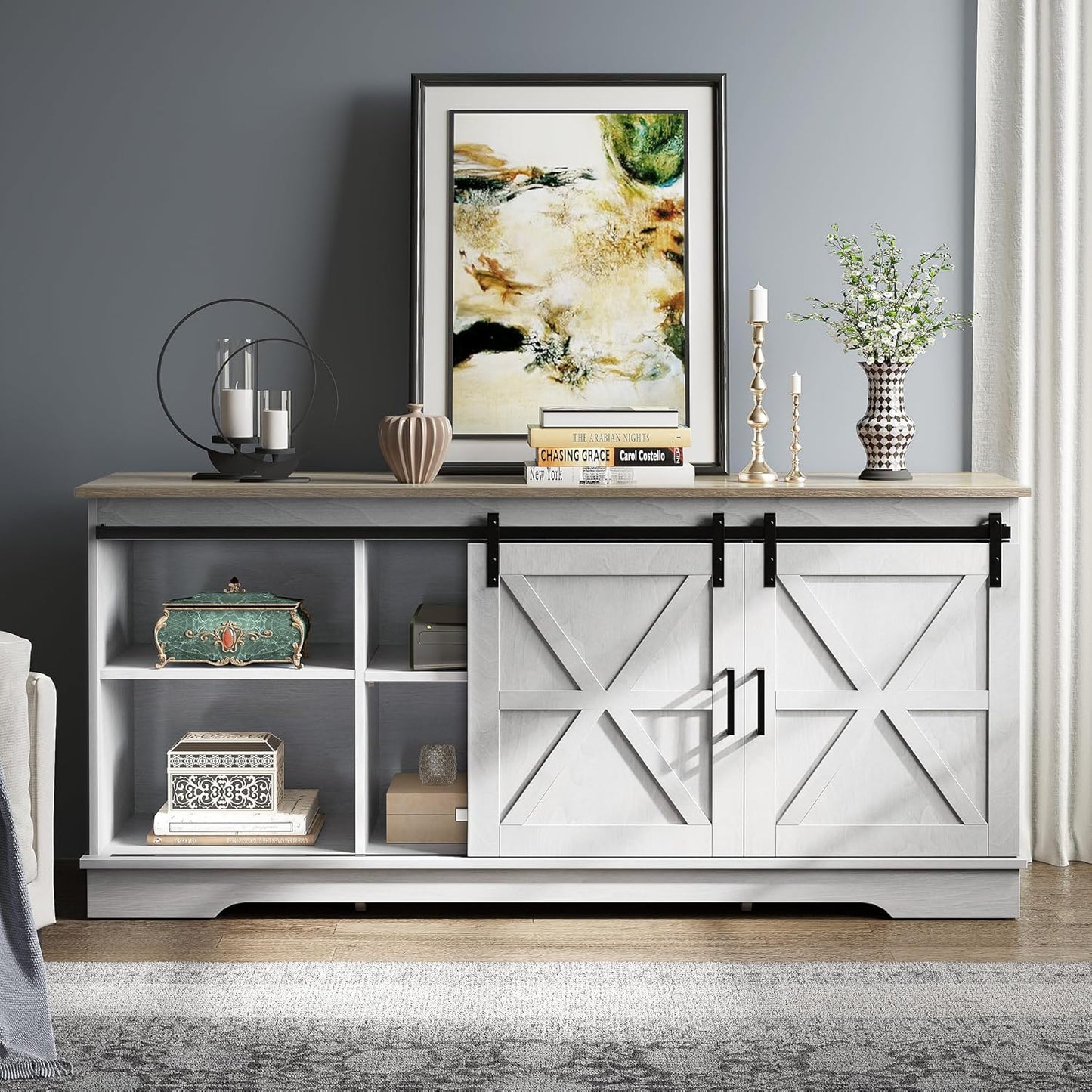 Farmhouse TV Stand for 65 Inch Television Stand, Entertainment Center with Storage Cabinets and Sliding Barn Doors, Rustic Media TV Console Table for Living Room, Grey White/Grey Wash