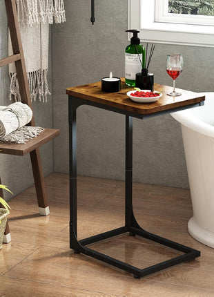 C-Shaped Side Table Set of Two in Rustic Brown Farmhouse Design for Living Room (Model 017-30BN)