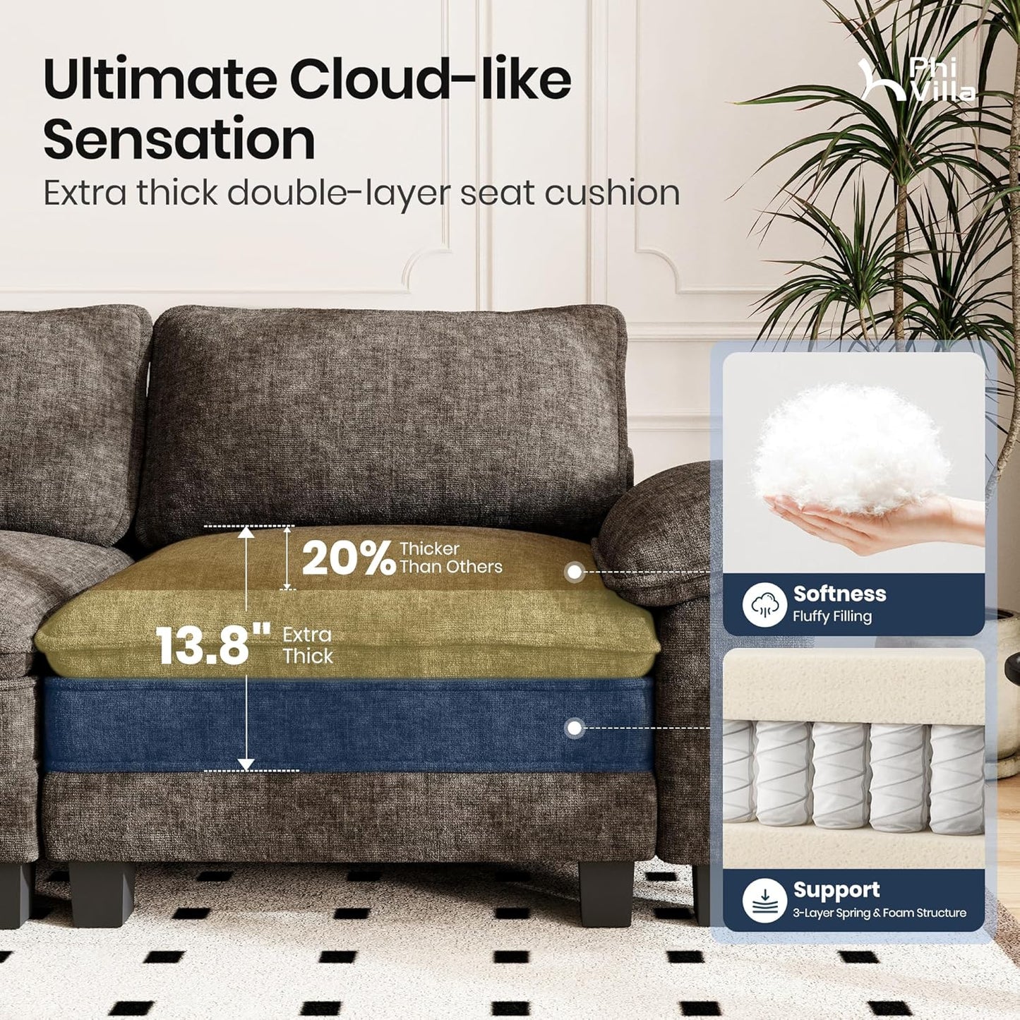 Cloud Modular Couches Sets, 3 Pieces Large Sectional Sofa Set with Loveseats & Single Sofa, 6-Seater Upholstered Couch for Living Room, Chenille Fabric, Smoky Grey