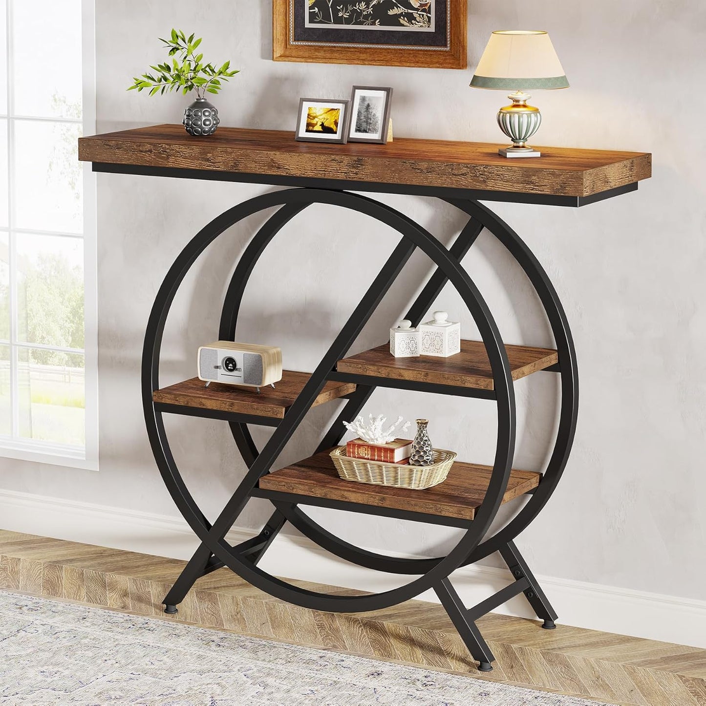 Console Table, 40-Inch Entryway Table with Storage Shelves, 4-Tier Industrial Hallway Sofa Table with Geometric Metal Frame, Accent Table for Living Room, Entryway, Rustic Brown