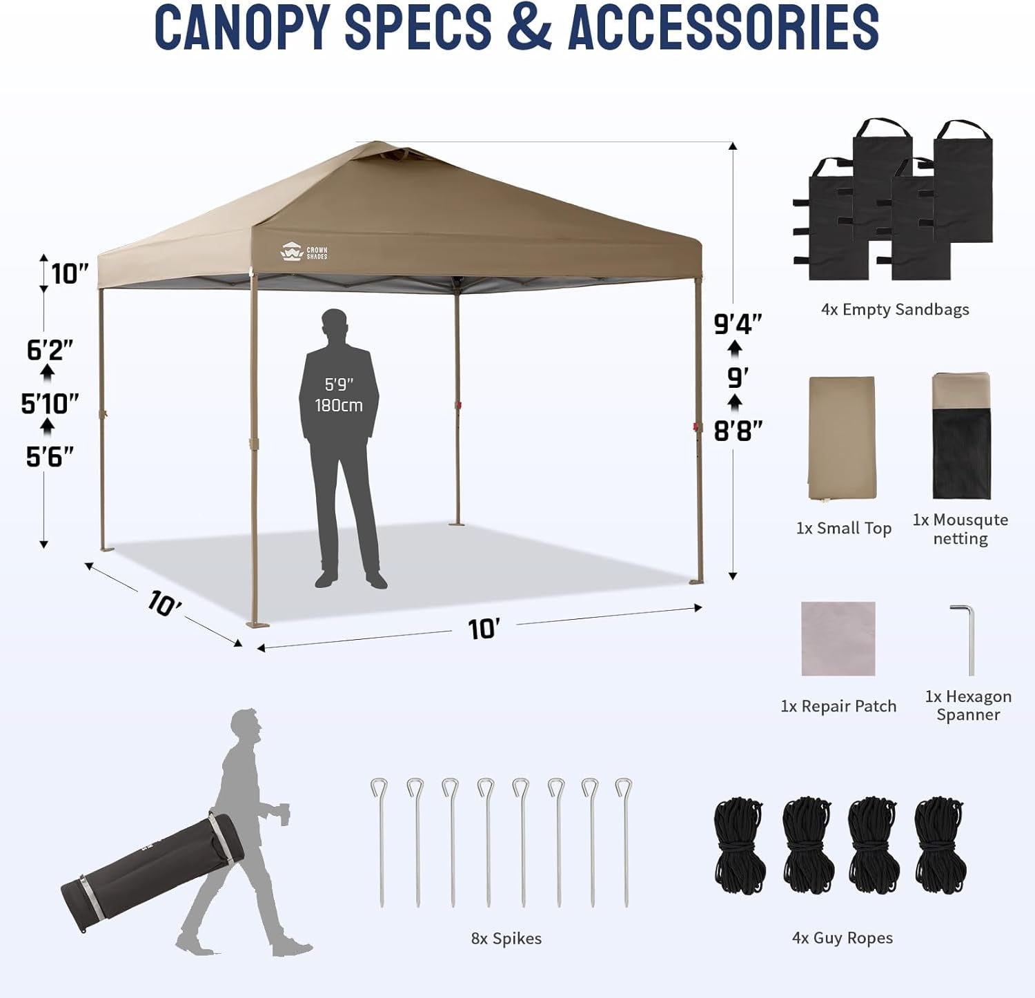 10X10 Pop up Gazebo, Canopy with Mosquito Netting,Instant Screen Tent with 4 Ropes, 8 Stakes, 4 Sandbags and Wheeled Storage Bag,For Patio & Backyard Parties,Camping&Events- Beige
