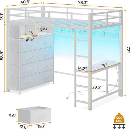Twin Size Loft Bed with Desk and 8 Storage Drawers, Metal Kids Loft Bed Twin with LED Lights & Charging Sation, Storage Shelves, 13.1" H Safety Guard & Ladder, No Box Spring Needed, White