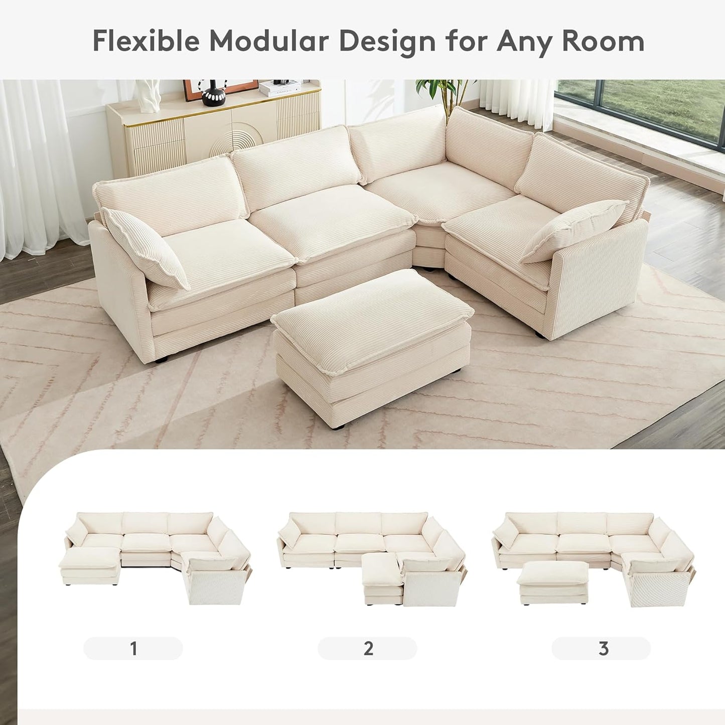 113'' Modular Sectional Cloud Couch, 5 Seater Corner Sofa Big Comfy Corduroy Oversized L Shaped Couch with 2 Pillows, Chaise, Ottoman, Deep Seat Sectional Couches for Living Room Office, Beige