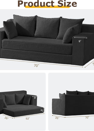 Elegant 3-Seater Convertible Futon Sofa Bed for Living Room, Featuring Comfy Pull-Out Design, 5 Pillows, Detachable Washable Cover, Upholstered in a Box, No Assembly Required, Black
