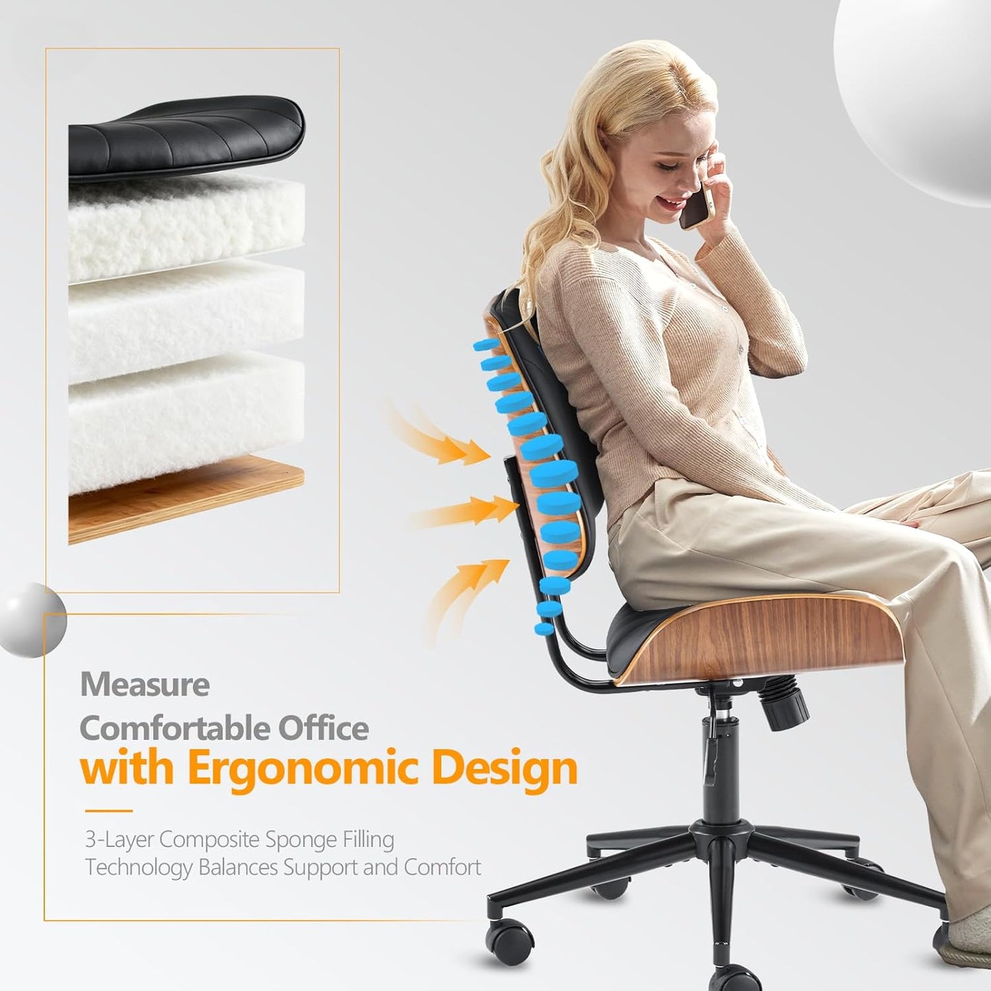 Wide Curved Seat&Back Armless Home Office Chair,Ergoromic Adjustable-Height Desk Chair,Swivel&Tilting Function,Stylish Walnut Task Chair for Meeing Room,Dining Room,Pu, Black