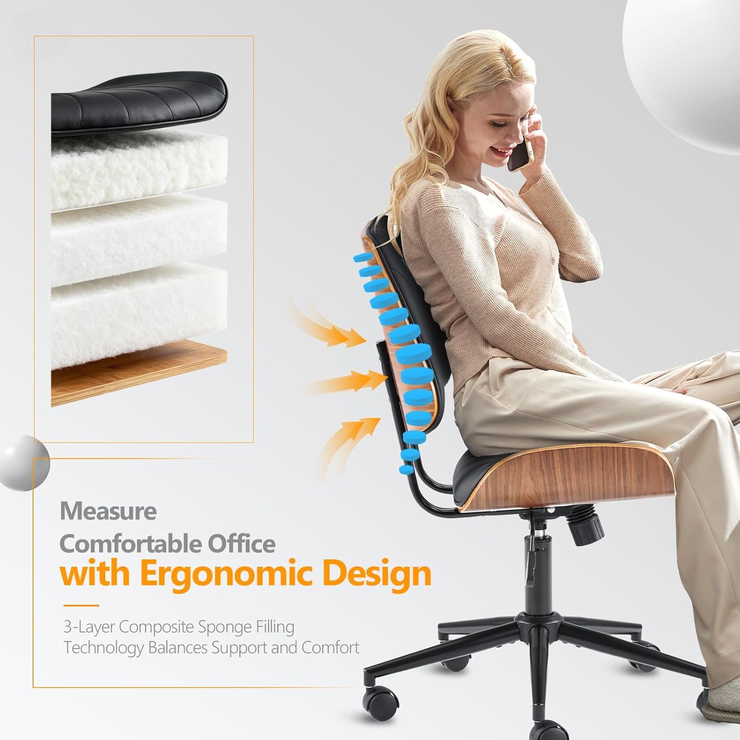 Wide Curved Seat&Back Armless Home Office Chair,Ergoromic Adjustable-Height Desk Chair,Swivel&Tilting Function,Stylish Walnut Task Chair for Meeing Room,Dining Room,Pu, Black