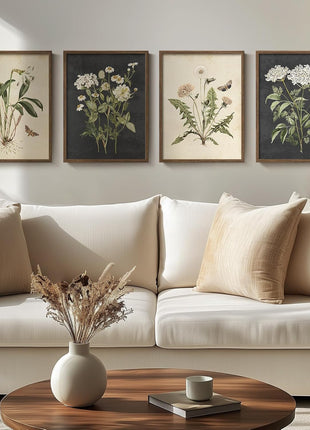 Framed Botanical Wall Art Set - 4-Piece Rustic Floral Canvas Prints for Home Decor in Various Living Spaces