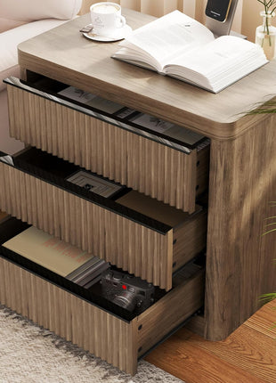 Set of 2 Fluted Nightstands with Charging Station, 3-Drawer Storage End Tables in Grey Alder for Bedroom and Living Room