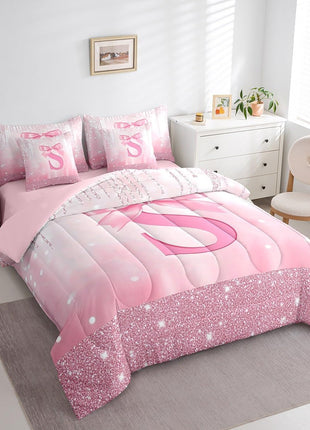 Personalized Pink Bowknot 7-Piece Twin Bedding Set for Kids, Princess Glitter Comforter with Monogrammed Initial and Sheets, Ideal Bedroom Decor for Teens