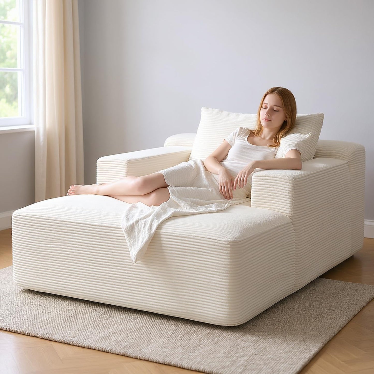 Monroe Convertible Chaise Lounge Chair Indoor – Oversized Corduroy Couch with Wide Armrest & Throw Pillows, Cozy Boneless Sleeper Sofa Bed Armchair, Beige