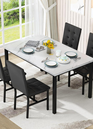 Contemporary Faux Marble Dining Table Set for Four with Leather Chairs - Stylish Kitchen Furniture for Compact Spaces (White & Black)