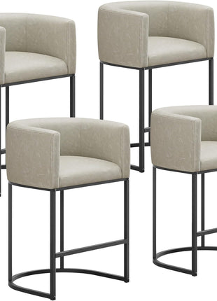 Set of 4 Contemporary 24-Inch Faux Leather Counter Height Bar Stools with Metal Legs and Back Footrest in Greige (White)