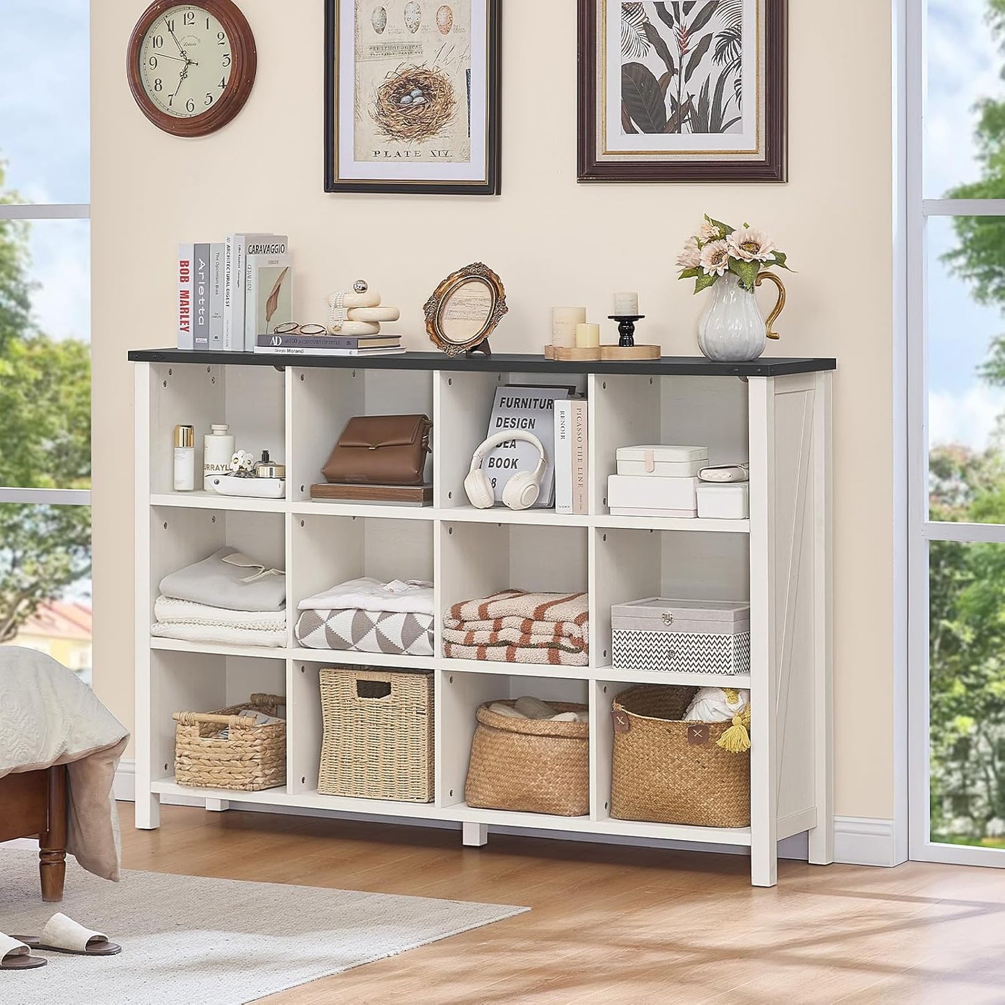 12 Cube Storage Organizer, Farmhouse 62 Inch Warm White Display Bookshelf, Wooden 3 Tier Large Open Book Shelf, Modern Bookcase for Home Office, Rustic Cubby Cabinet for Living Room, Bedroom