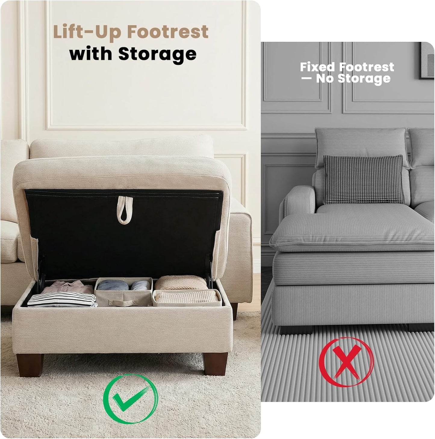 L-Shaped Sectional Sofa with Storage Ottoman, Modern Chenille Recliner Loveseat, Removable Couch Covers, Pocket Spring Cushions, Solid Wood Frame, Easy to Install (71.25Inch, Beige)