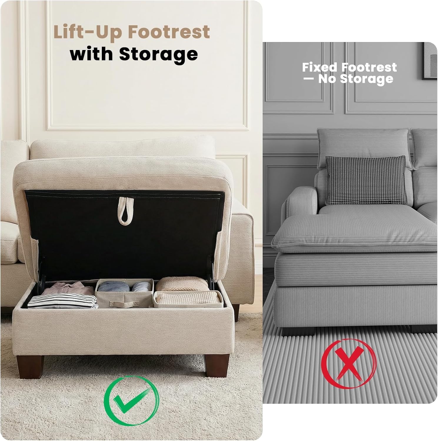 L-Shaped Sectional Sofa with Storage Ottoman, Modern Chenille Recliner Loveseat, Removable Couch Covers, Pocket Spring Cushions, Solid Wood Frame, Easy to Install (71.25Inch, Beige)