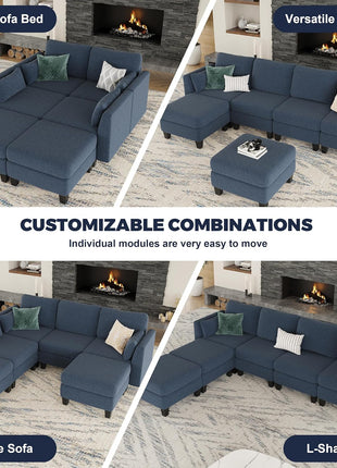 Elegant Blue Modular Sectional Sofa - 6-Seat Convertible Sleeper Couch with Ottomans for Enhanced Comfort in Your Living Room