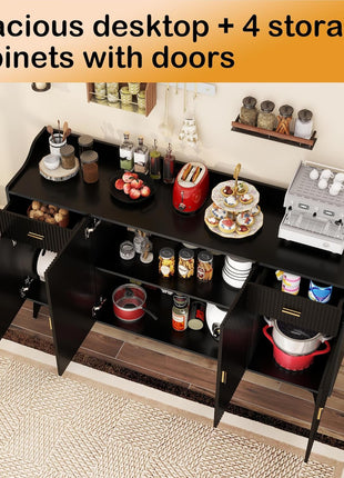 63" Black Fluted Sideboard Buffet Cabinet with Drawers and Storage for Modern Kitchens and Living Rooms