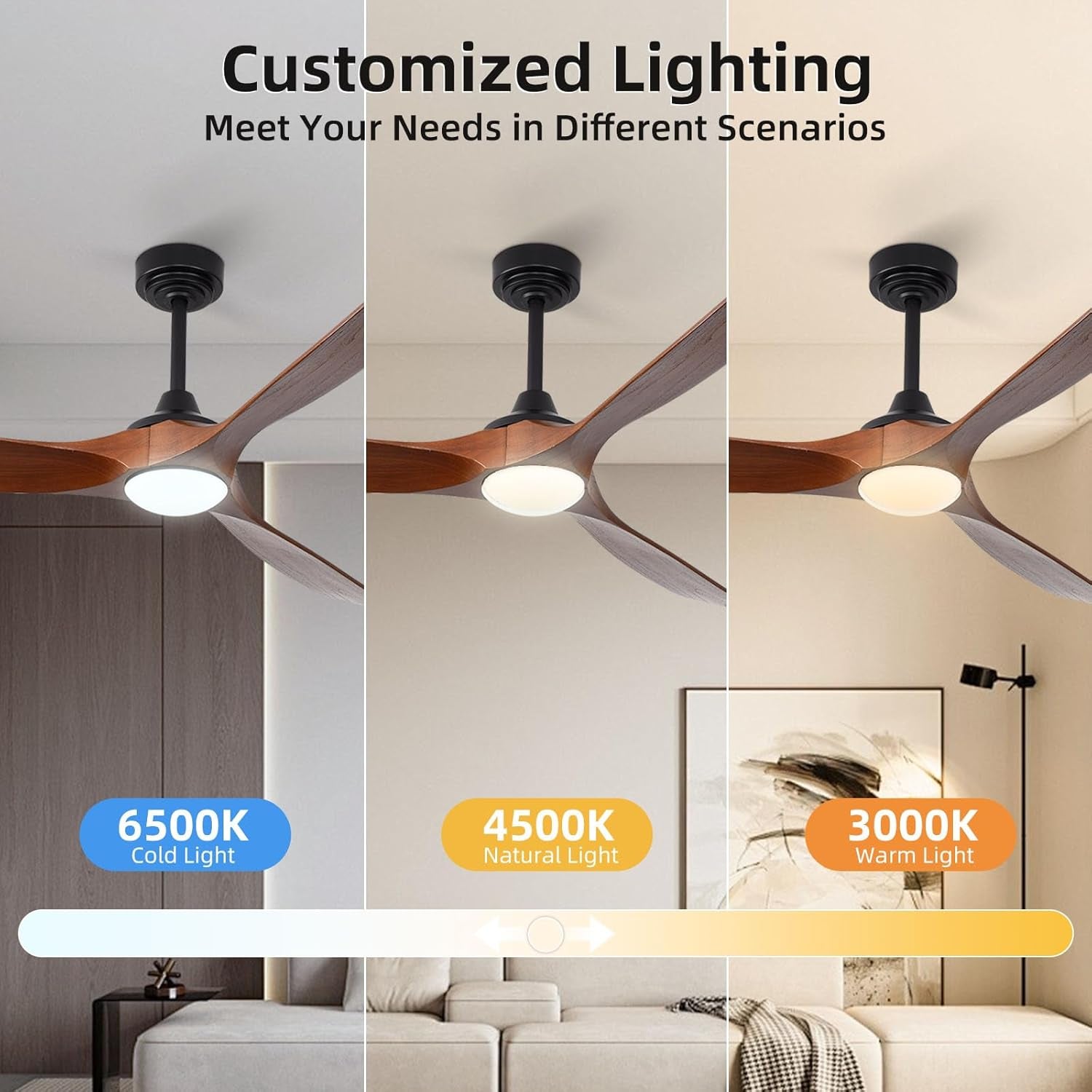 Ceiling Fan with Lights, 72'' Solid Wood Indoor/Outdoor Ceiling Fan with Quiet Reversible DC Motor, Control with WIFI Alexa App, 3CCT Dimmable, 6 Speeds Walnut Outdoor Fan for Patio Porch