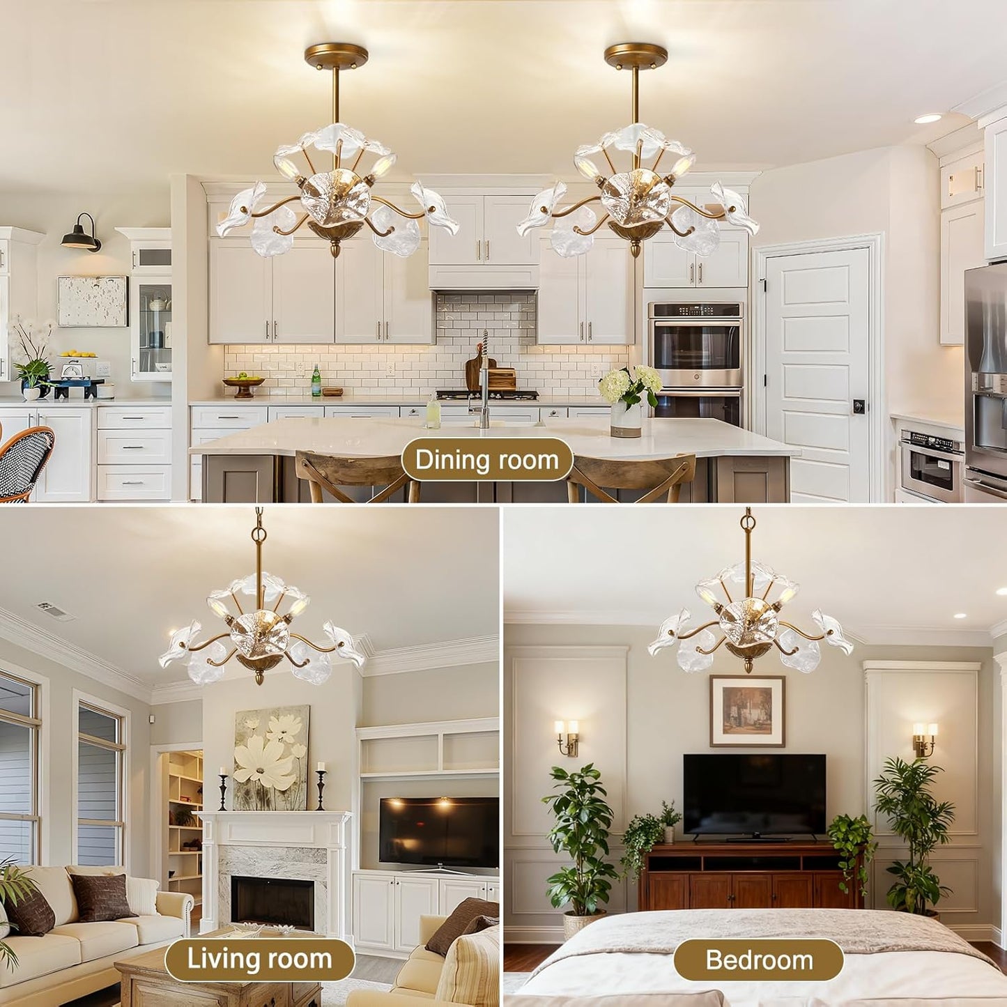 Modern Gold Chandelier,Vintage Brass Flower Glass Pendant Light Fixture,Mid Century Ceiling Light Fixture for Dining Room, Kitchen, Living Room, Bedroom Hallway Porch,3 Lights