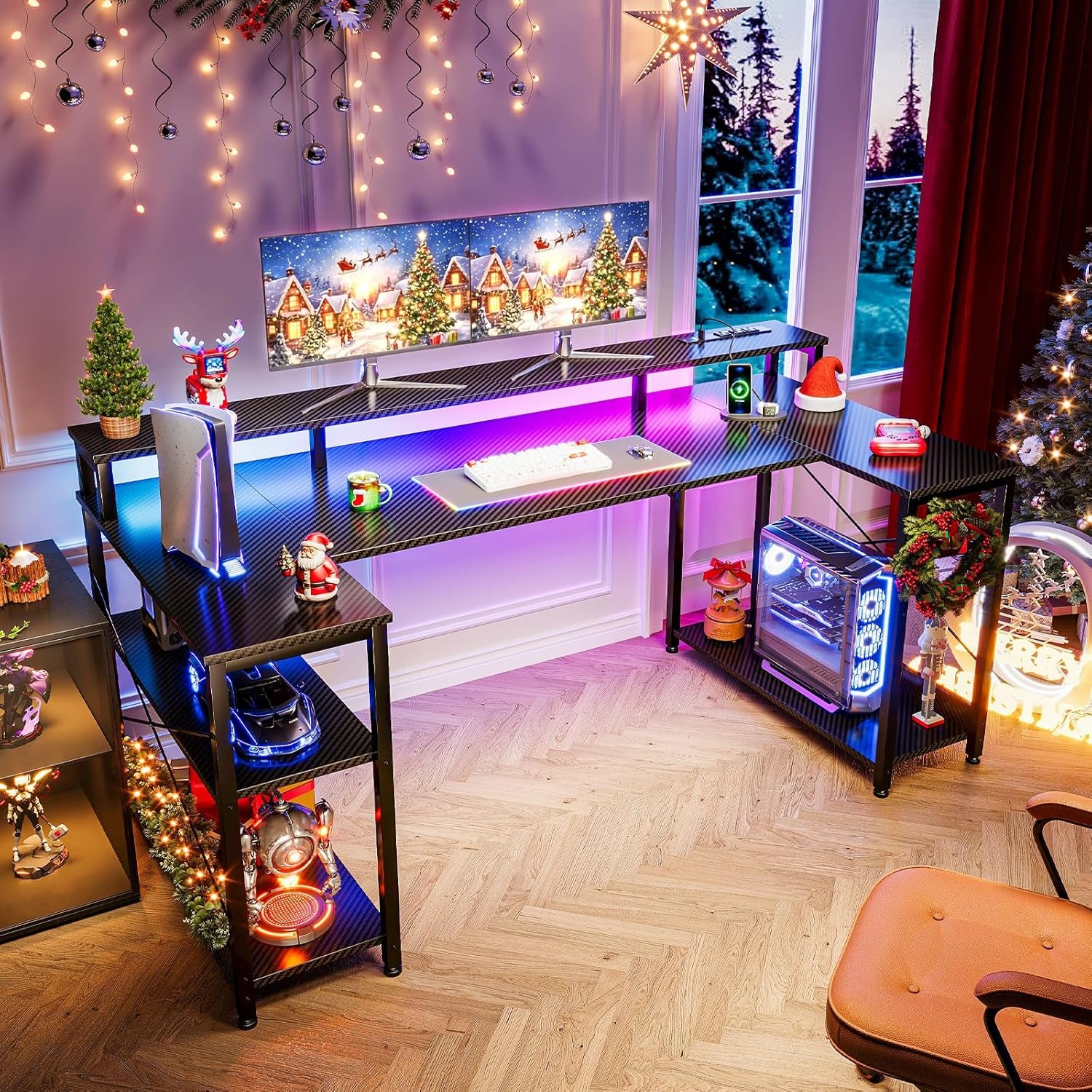 55 Inch Gaming Desk with LED Lights and Power Outlet, U-Shaped Computer Desk with Monitor Stand and Storage Shelves, PC Gamer Table for Home Office, Carbon Fiber Black