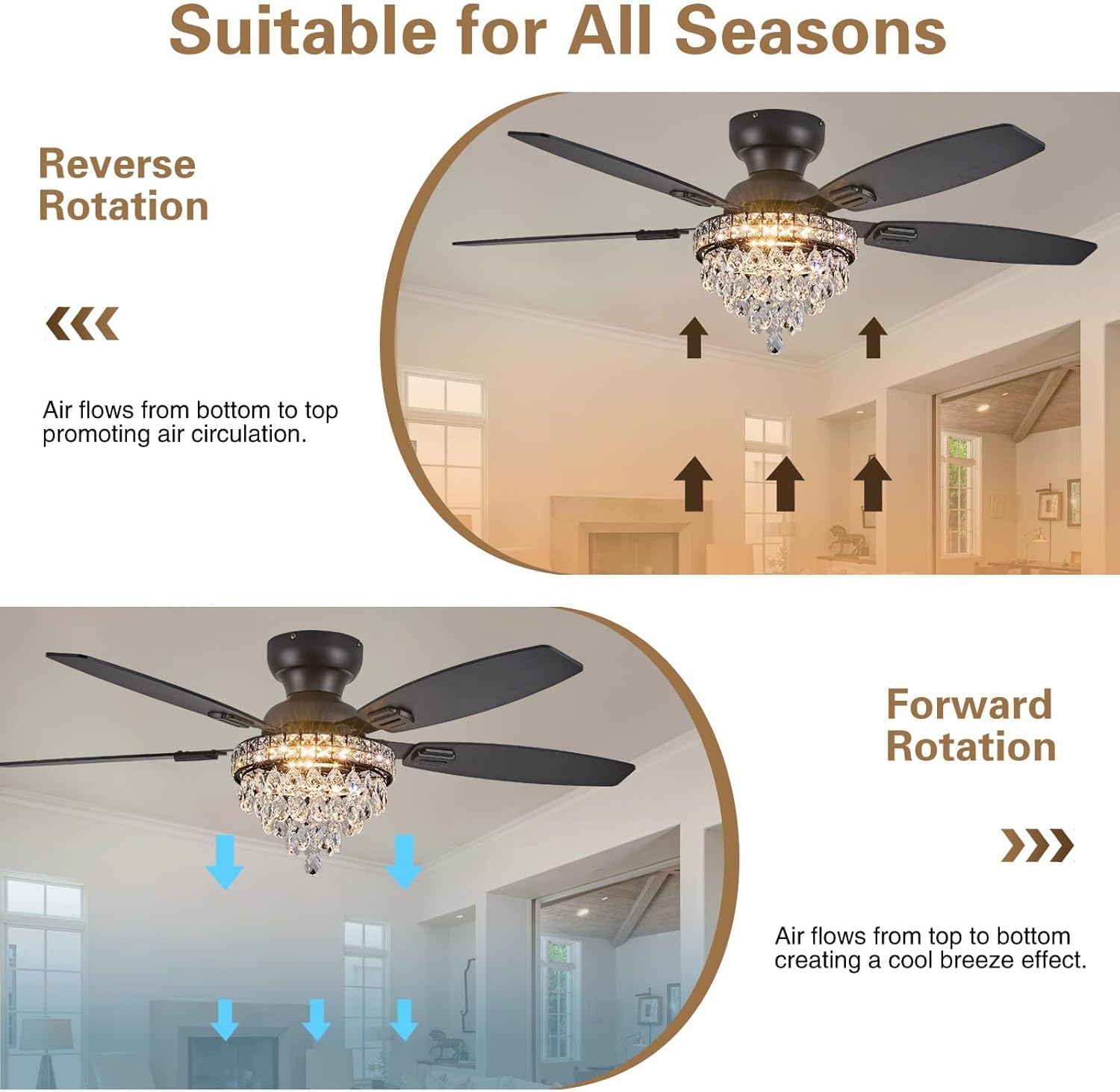 Crystal Ceiling Fan Fandelier with Lights-Ceiling Fans with Lights,50" Low Profile and Remote Control, Flush Mount, Reversible, Dimmable, Noiseless, Black Ceiling Fan for Bedroom