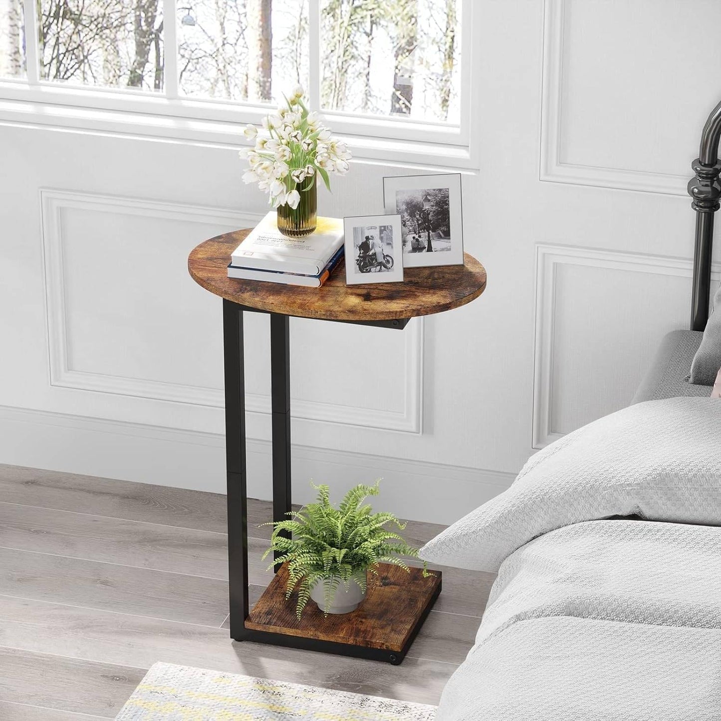 Side Table Small End Table, C-Shaped Wood Sofa Table with Metal Frame for Living Room, Bedroom, Small Spaces (Rustic Brown)