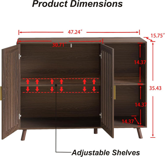 Sideboard Storage Cabinet, 47.2" W Farmhouse Buffet Cabinet with Louvered Doors & Adjustable Shelf, Wood Coffee Bar Storage Station for Kitchen, Dining Room, Living Room, Entryway, Walnut Color