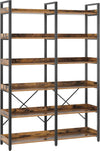 Bookshelf 6 Tier with 4 Hooks, 67” Industrial Wooden Bookcase, Vintage Storage Rack with Open Shelves, Rustic Standing Bookshelves Metal Frame 43.3” Wide Display Rack, Rustic Brown