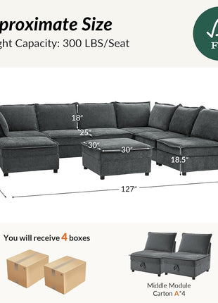 Oversized Modular Sectional Sofa - 8-Seat U-Shaped Couch with Storage Ottoman, Comfortable Chenille Fabric, Deep Seat, Convertible Design for Living Room, Grey