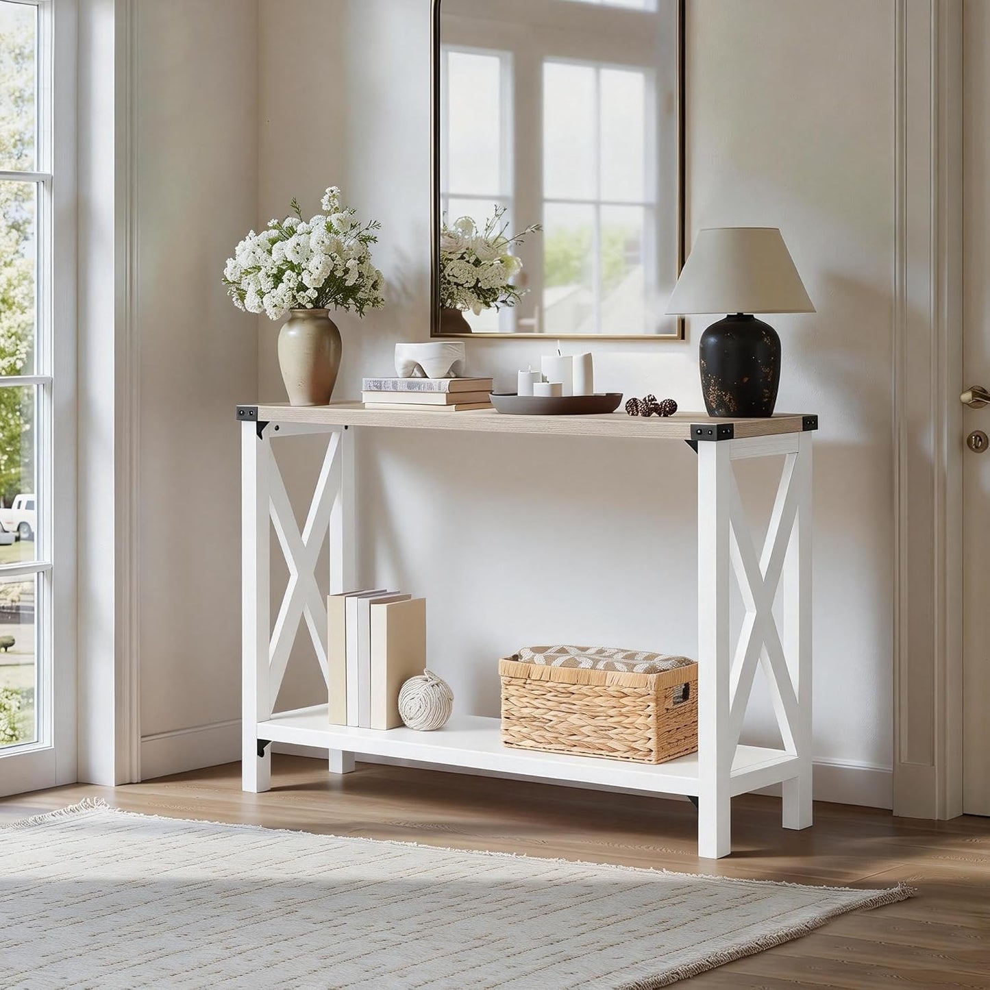 Narrow Console Table, Small Entryway Table, Farmhouse Sofa Table with 2 Open Shelves, for Hallway, Living Room, White and Greige WG08XG01
