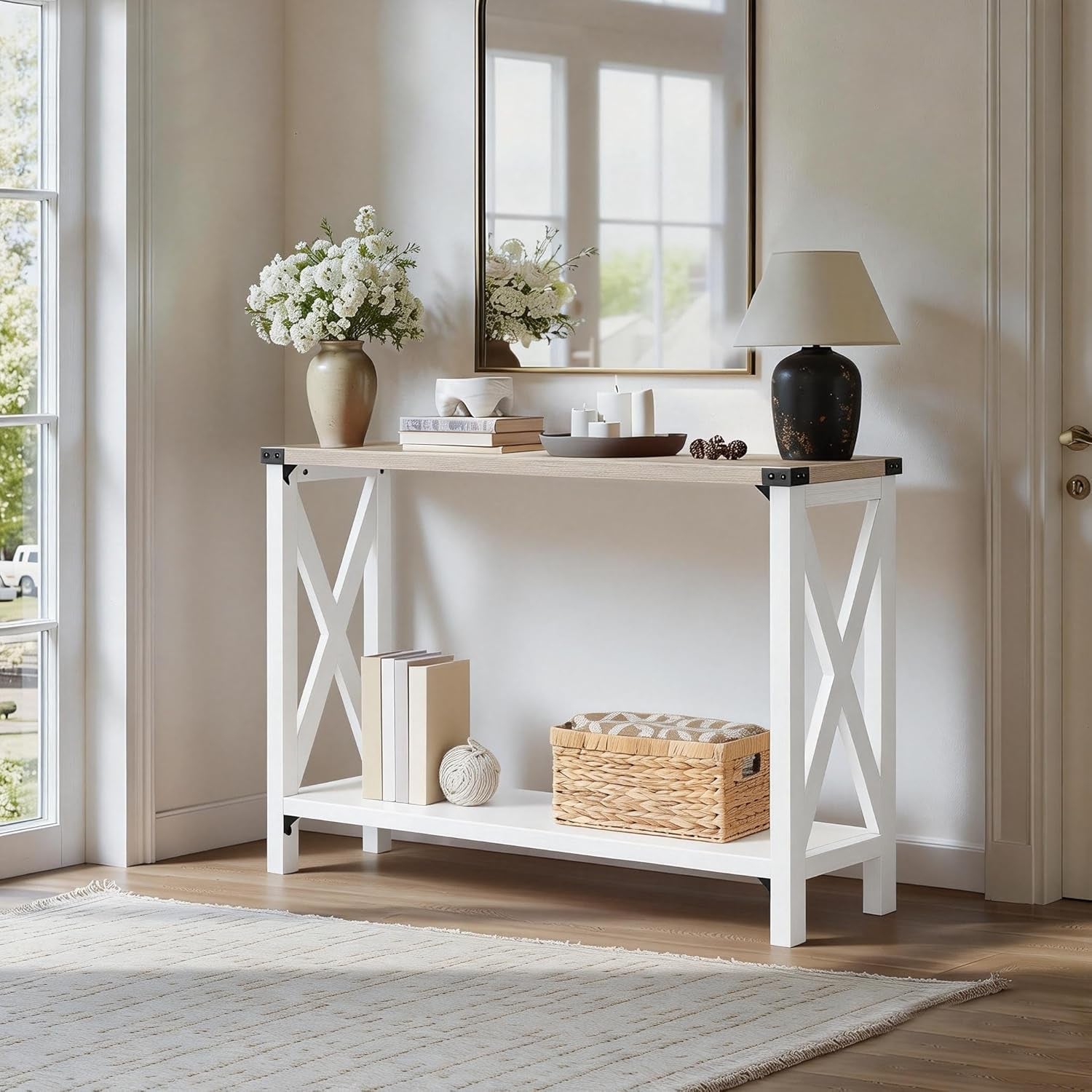 Narrow Console Table, Small Entryway Table, Farmhouse Sofa Table with 2 Open Shelves, for Hallway, Living Room, White and Greige WG08XG01