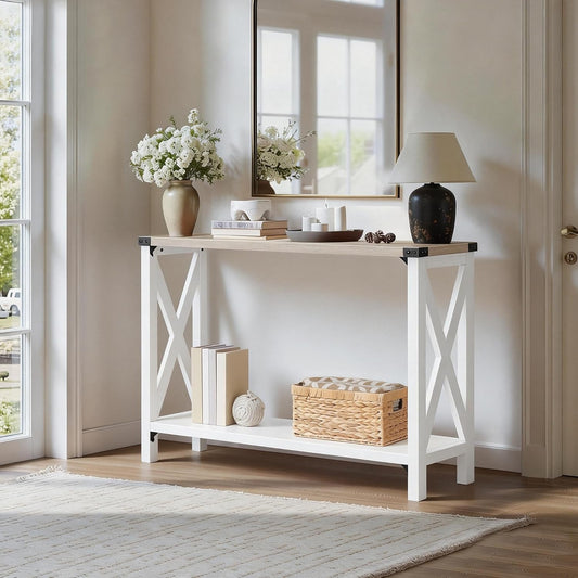 Narrow Console Table, Small Entryway Table, Farmhouse Sofa Table with 2 Open Shelves, for Hallway, Living Room, White and Greige WG08XG01