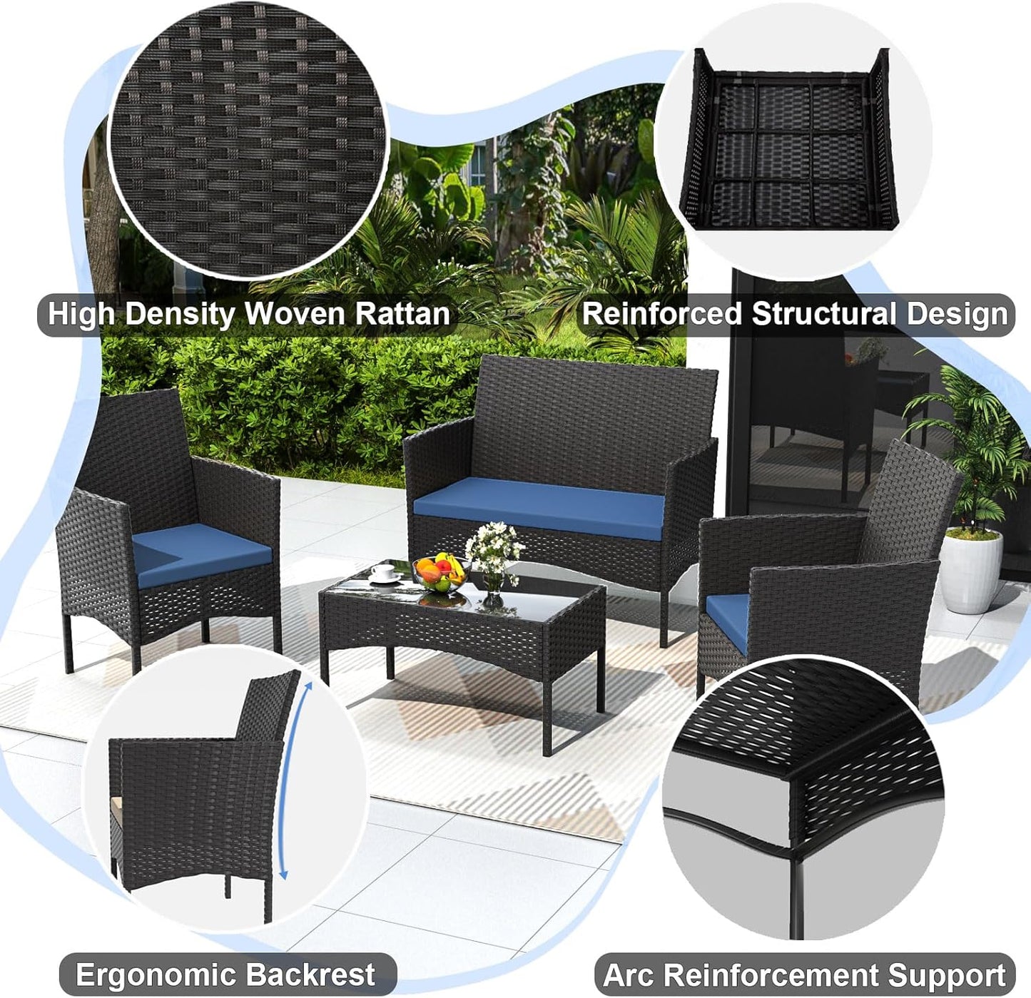 4-Piece Outdoor Patio Furniture Set, Wicker Rattan Chairs & Sofa with Cushions and Glass Coffee Table, Conversation Set for Backyard, Lawn, Porch, Pool, Garden (Navy-2)