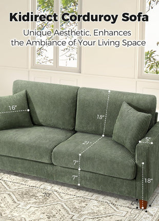 70-Inch Corduroy Sofa for Living Room, Tool-Free Assembly, Comfortable 3-Seater Loveseat with 21-Inch Deep Seats and 2 Pillows, Ideal for Bedroom Use, Green Finish