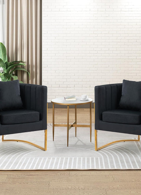 Set of 2 Modern Velvet Accent Chairs, Upholstered Mid-Century Barrel Armchairs with Cushions for Living Room, Comfortable Vanity Chairs with Gold Metal Legs for Bedroom, Black