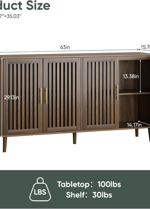 63" Long Sideboard Buffet with 4 Louvered Doors, Adjustable She, and Gold Handles - Farmhouse Storage Cabinet for Entryway, Kitchen, Dining Room, and Living Room in Walnut Finish