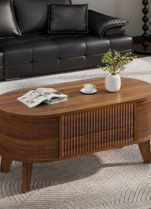 Contemporary Oval Fluted Lift-Top Coffee Table with Storage for Living Room or Home Office in Walnut Finish