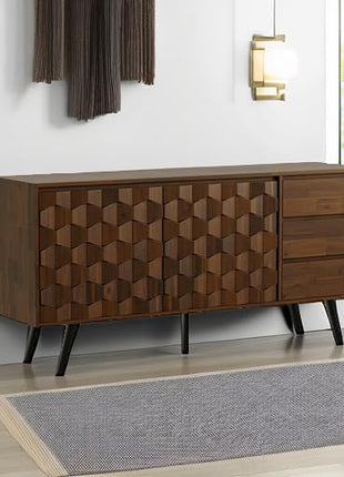 Georgina Solid Wood Sideboard with 2 Doors and 3 Drawers, 61'' Mid-Century Modern Cabinet Featuring Geometric Pattern for Kitchen, Dining, and Living Room