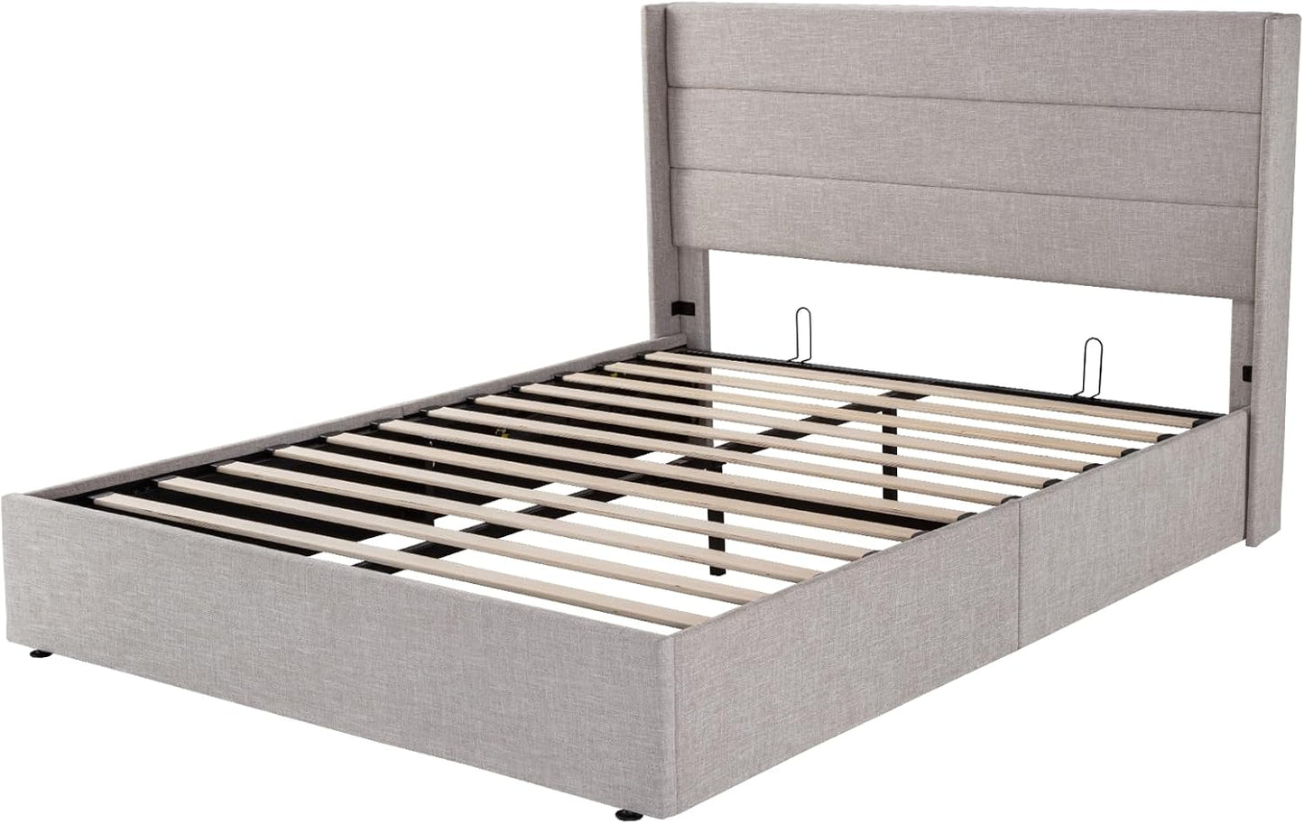 Queen Size Lift up Storage Bed, Modern Wingback Headboard, Hydraulic Support, No Box Spring Needed, Light Beige