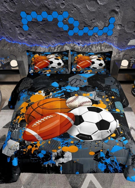Twin Size Sports Comforter Set - Basketball and Football Bedding for Boys and Girls in Black, Grey, and Blue